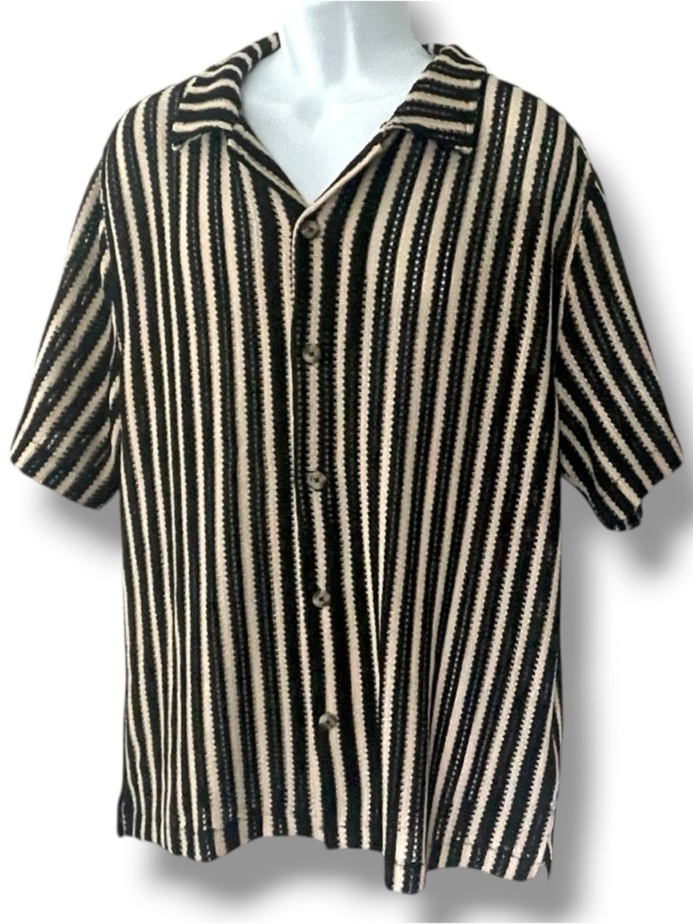 GUESS Black Beige Striped Knit Button Up Shirt Sheer Crochet Retro 90s Inspired - Picture 3 of 8